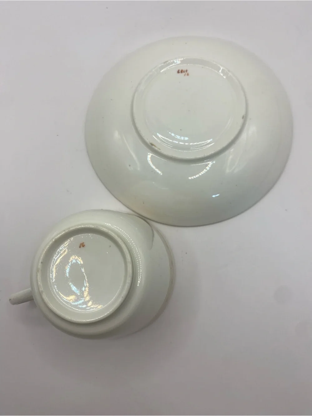 Antique Set Of 2 Cups & Sauces Porcelain With Gold Detail Marker Mark 6865/16